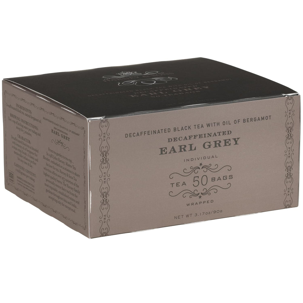 Harney & Sons decaf Earl Grey tea bags for a soothing evening cup with bergamot aroma.