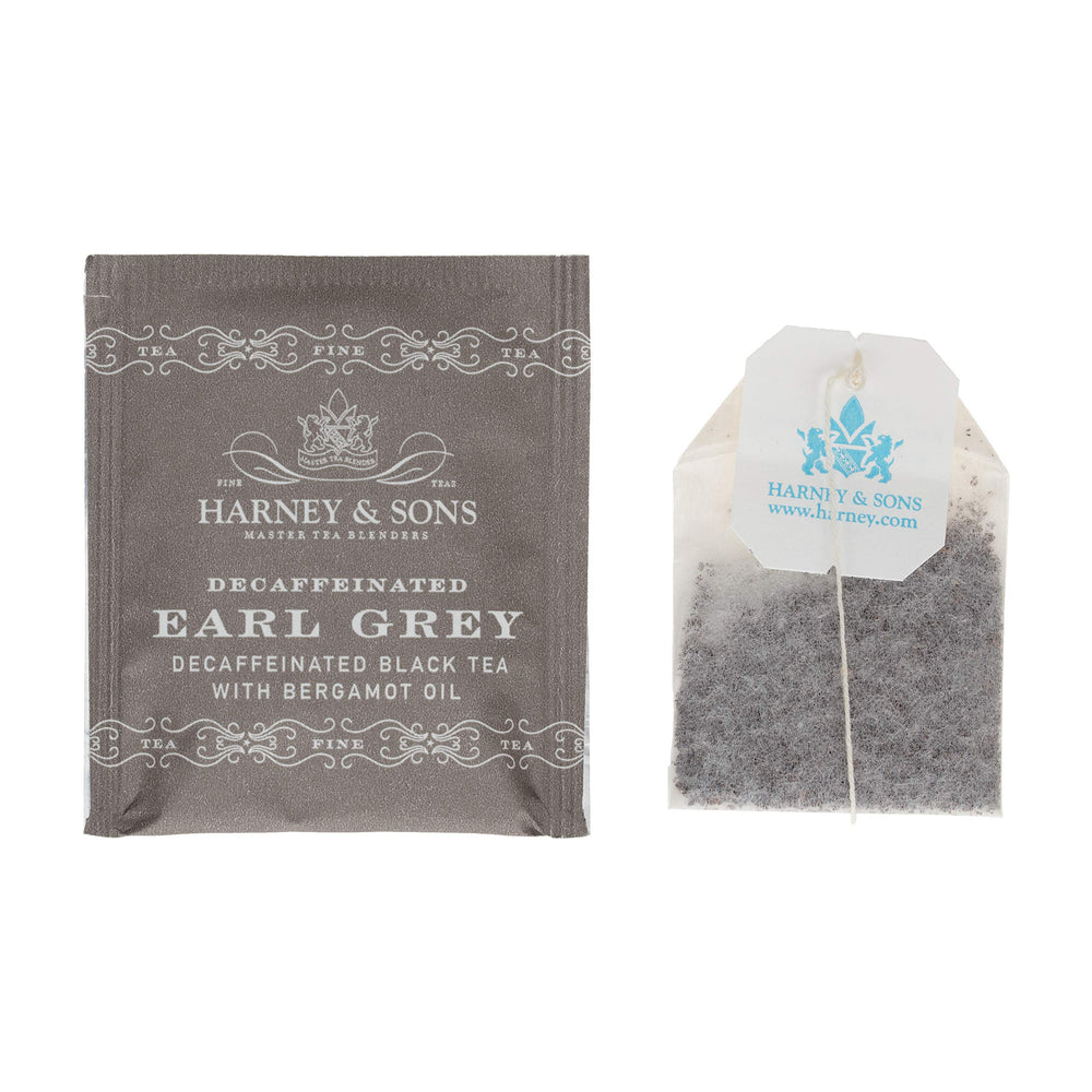 Harney & Sons decaf Earl Grey box, bergamot-scented tea for daytime decaf rituals.