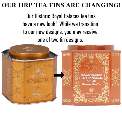 Close-up of Harney & Sons decaf sachet highlighting convenient tea brewing.