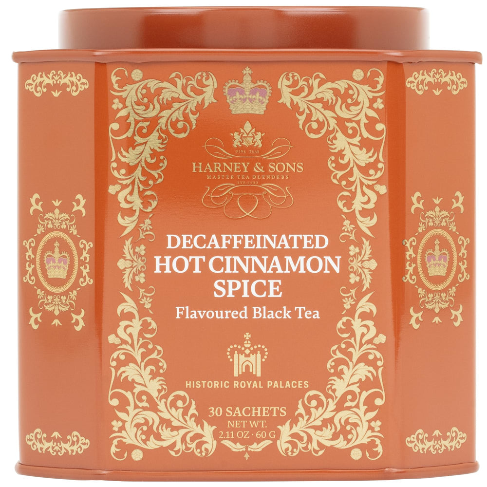 Harney & Sons Decaf Hot Cinnamon Spice tin front shows elegant packaging and bold flavor promise.