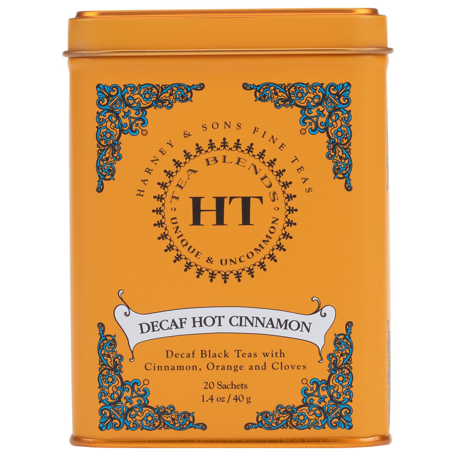 Harney and Sons Decaf Hot Cinnamon tea tin showcases bold flavor