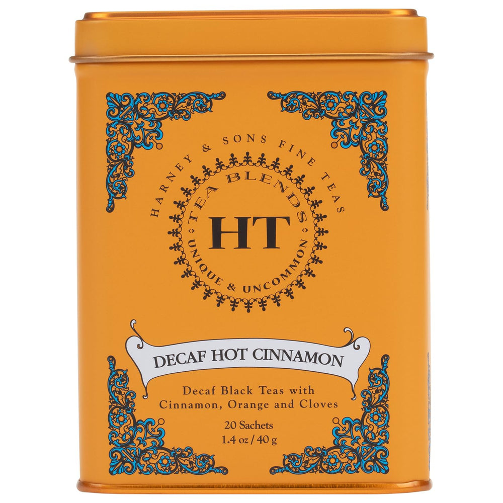 Harney and Sons Decaf Hot Cinnamon tea tin showcases bold flavor