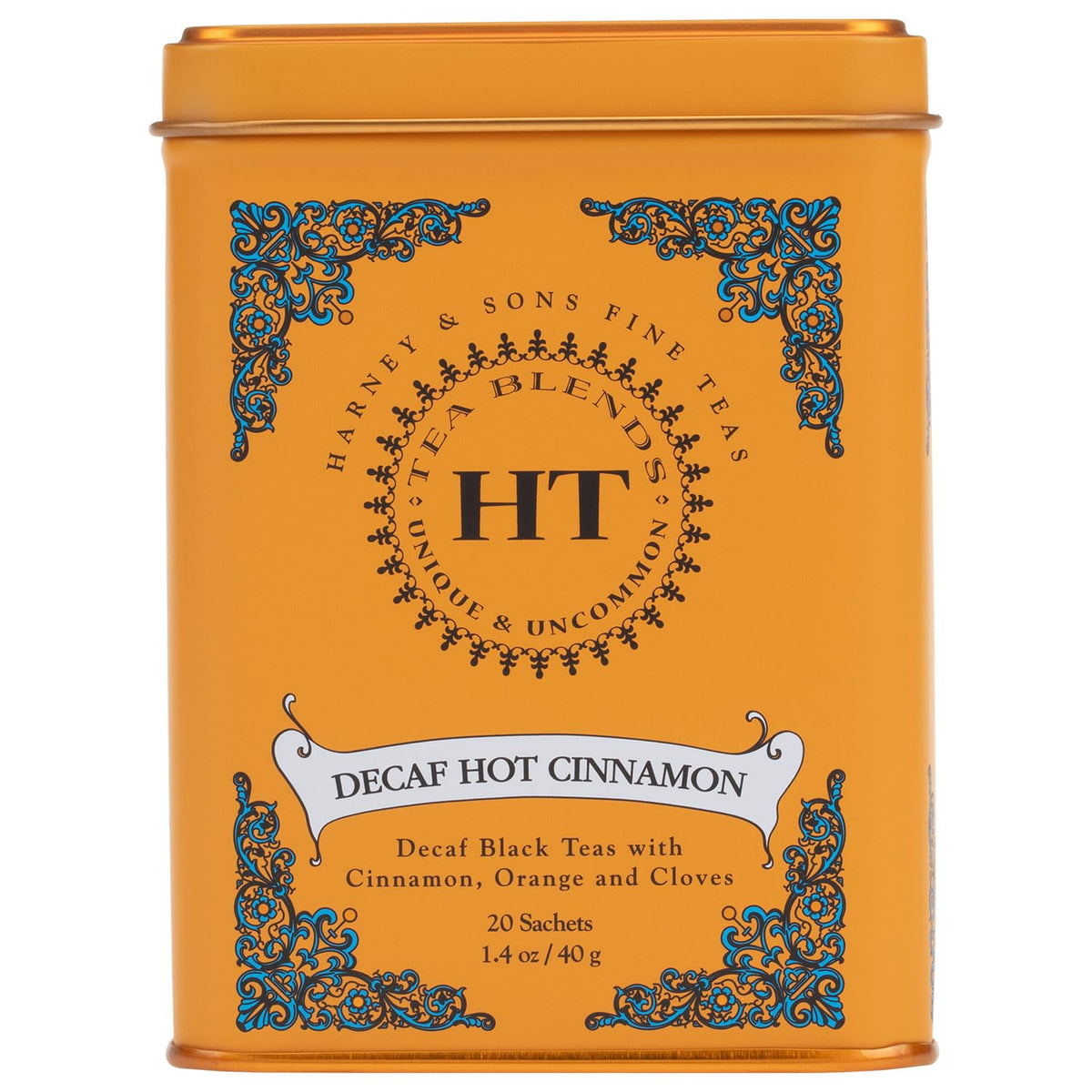 Harney and Sons Decaf Hot Cinnamon tea tin showcases bold flavor