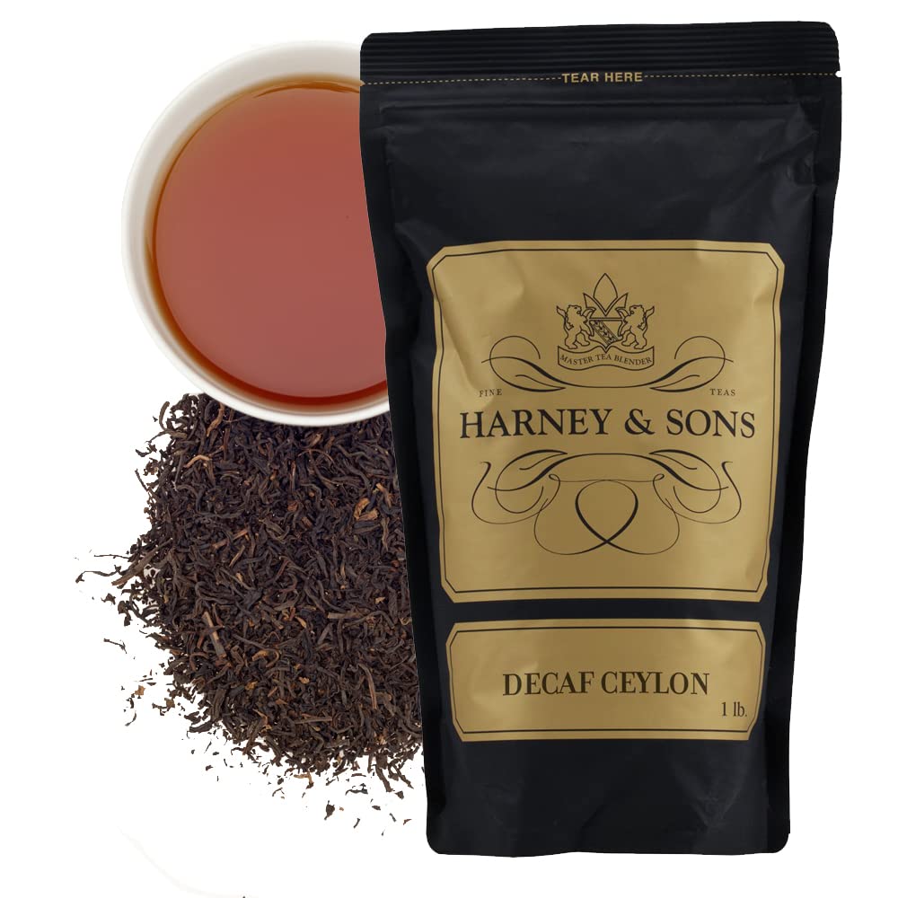 Harney & Sons Decaffeinated Ceylon loose leaf tea, rich flavor for a caffeine-free afternoon.