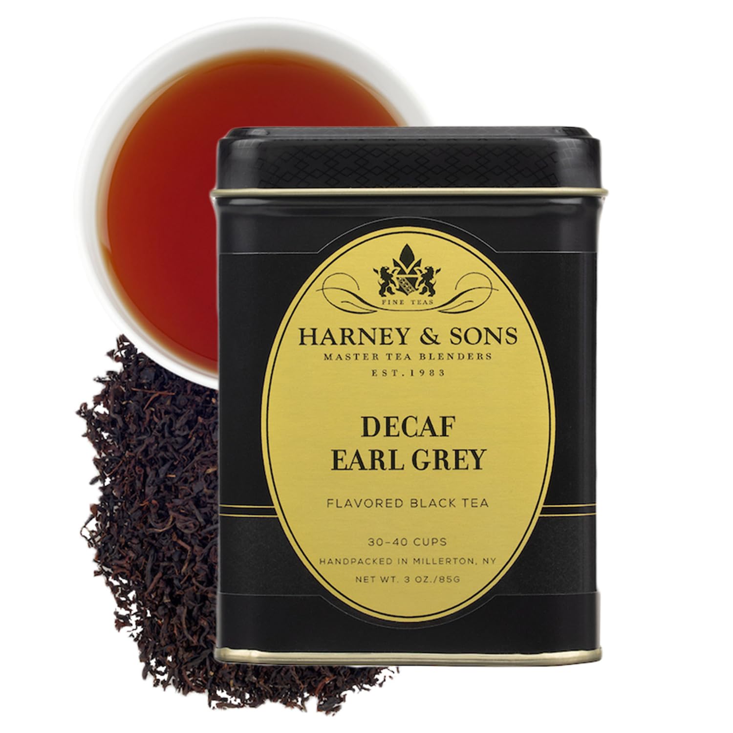 Harney and Sons decaf Earl Grey loose-leaf tea tin for relaxing evenings.