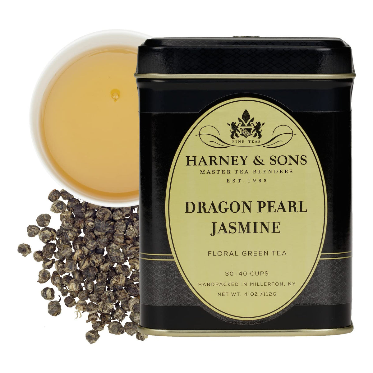 Harney & Sons Dragon Pearl Jasmine tea tin with hand-rolled pearls and floral aroma.