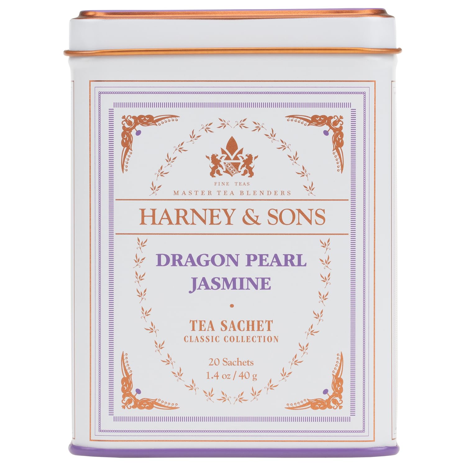 Harney & Sons Dragon Pearl Jasmine tea tin with hand-rolled pearls and jasmine aroma.