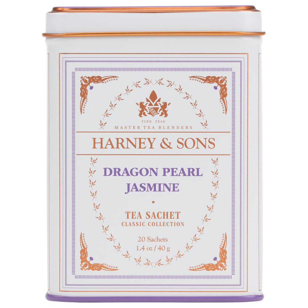Harney & Sons Dragon Pearl Jasmine tea tin with hand-rolled pearls and jasmine aroma.