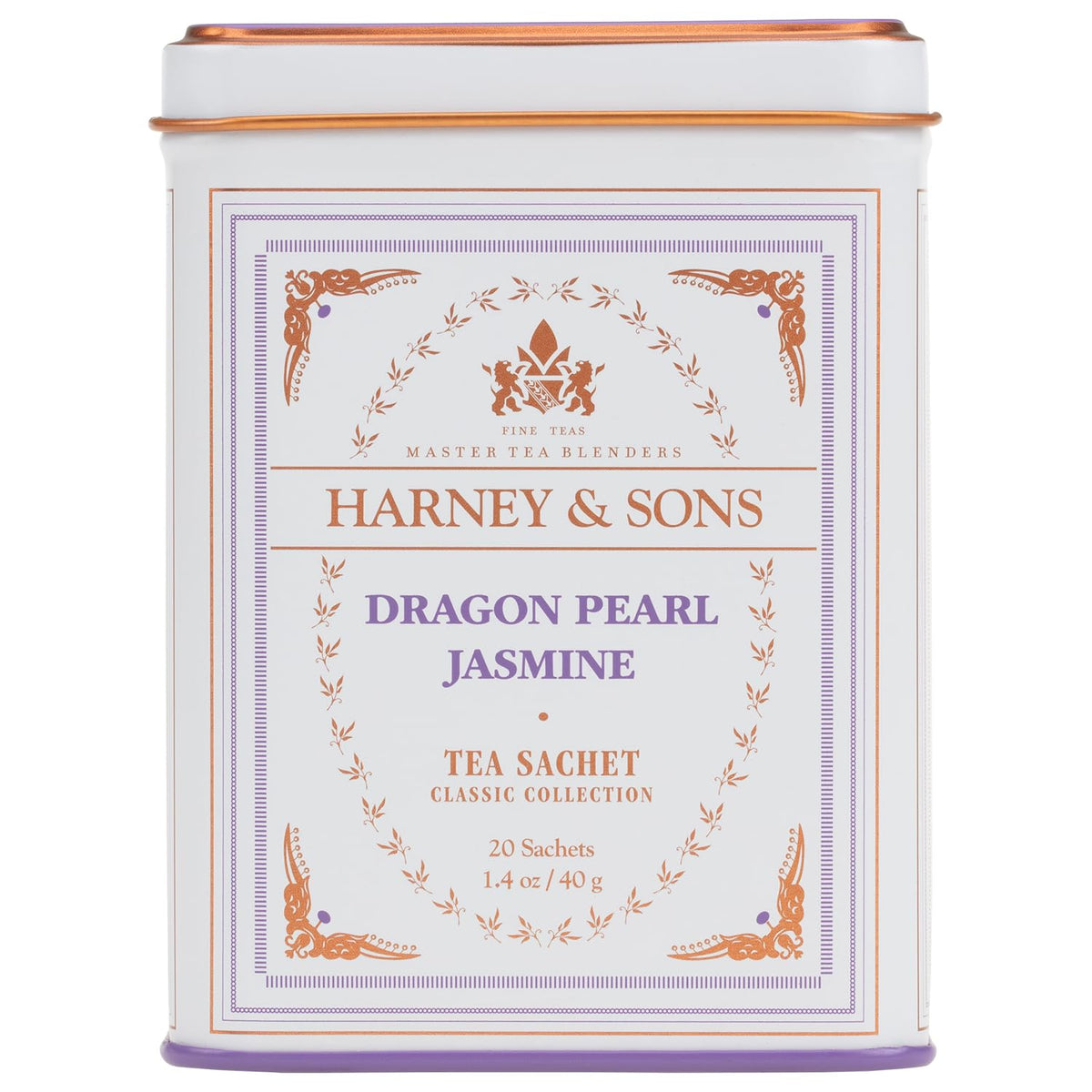 Harney & Sons Dragon Pearl Jasmine tea tin with hand-rolled pearls and jasmine aroma.