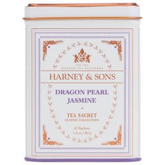 Harney & Sons Dragon Pearl Jasmine tea tin with hand-rolled pearls and jasmine aroma.