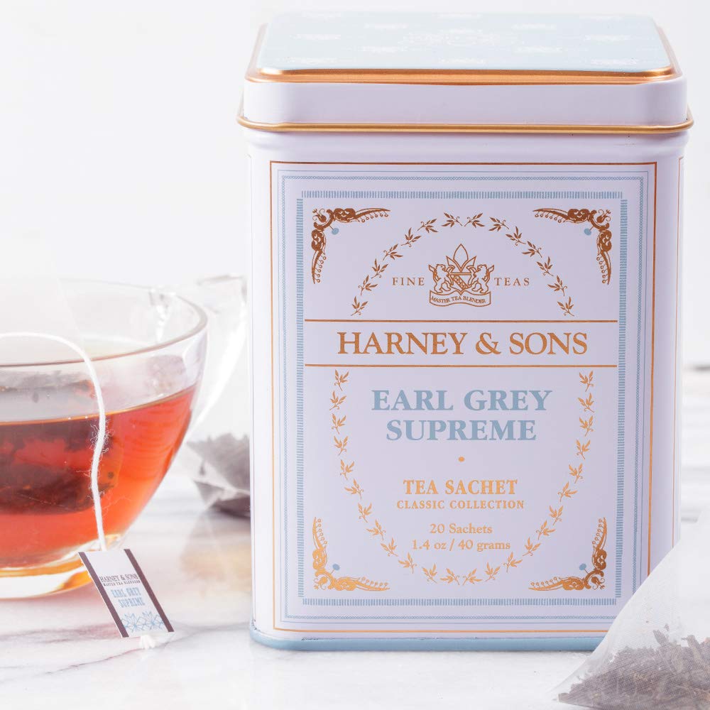 Sachets featuring Harney & Sons branding and a premium blend close-up