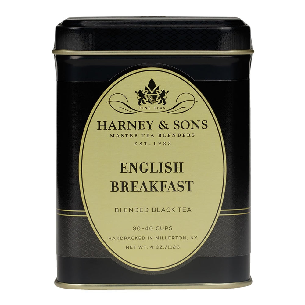 Harney & Sons English Breakfast Keemun tea tin ready to brew a bold morning