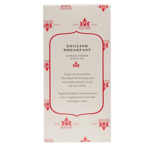 Steaming cup of Harney & Sons English Breakfast tea, bold flavor.