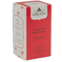 Harney & Sons English Breakfast tea bags pack shot, premium quality.
