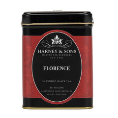 Harney and Sons Florence tea tin showing chocolate hazelnut notes for cozy indulgence.