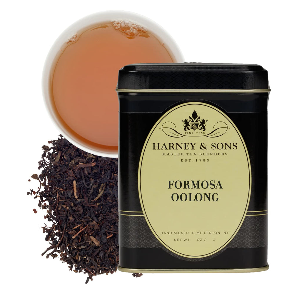 Harney & Sons Formosa Oolong tin closeup for a warm, inviting brew.