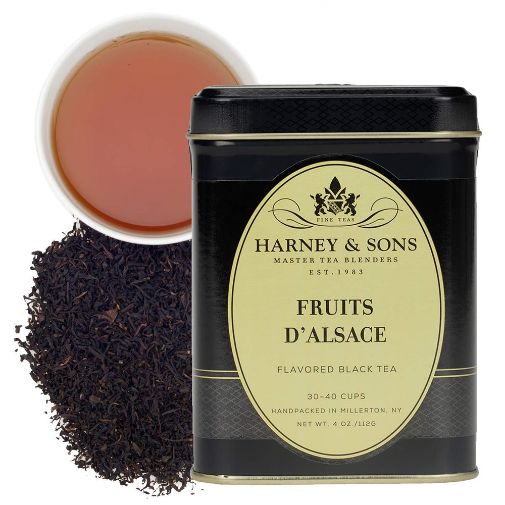 Harney & Sons Fruits d'Alsace tin featuring apricot and cherry notes for a dessert tea