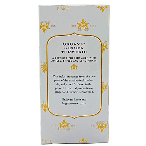Harney & Sons Ginger Turmeric brew in a mug with ruby color and aroma.