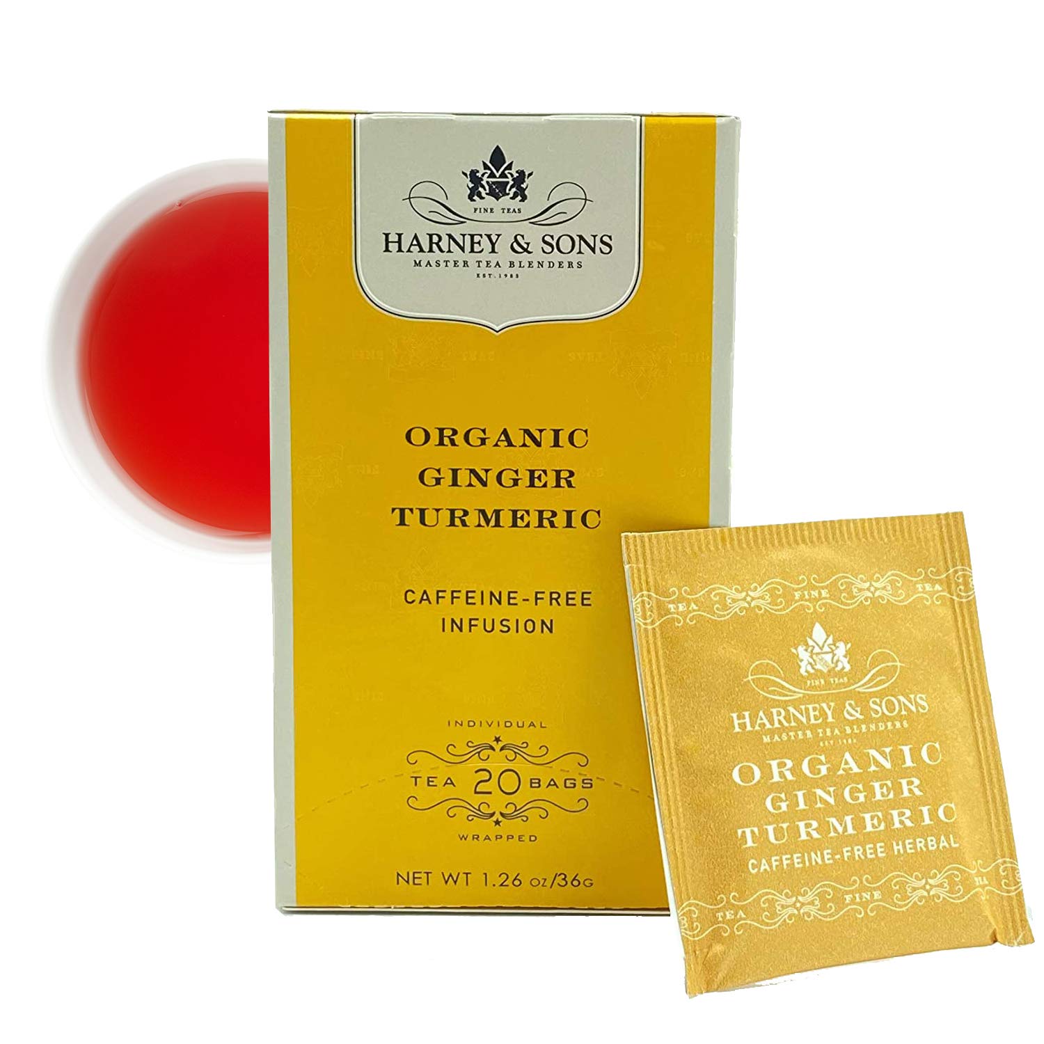 Harney & Sons Ginger Turmeric tea bags packaging showcases organic blend.