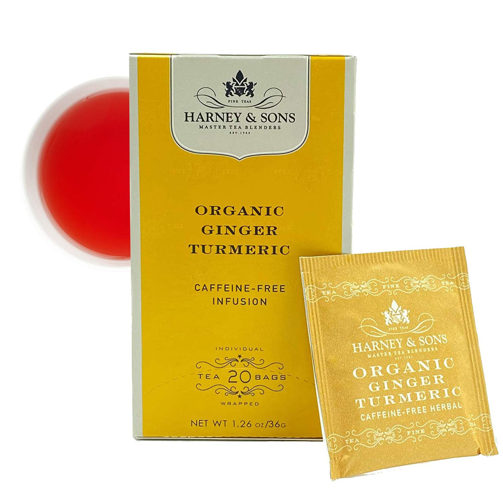 Harney & Sons Ginger Turmeric tea bags packaging showcases organic blend.