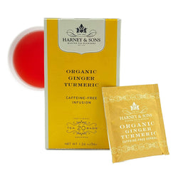 Harney & Sons Ginger Turmeric tea bags packaging showcases organic blend.
