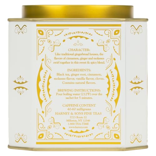 Harney & Sons Gingerbread Tea with ginger root and cinnamon — close-up flavor notes.