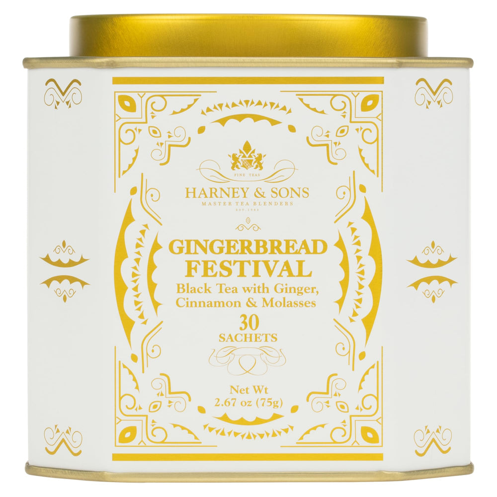 Harney & Sons Gingerbread Tea tin — festive spice blend for holiday sipping.