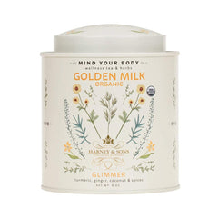 Harney & Sons Golden Milk powder tin close-up showing the caffeine-free wellness blend.
