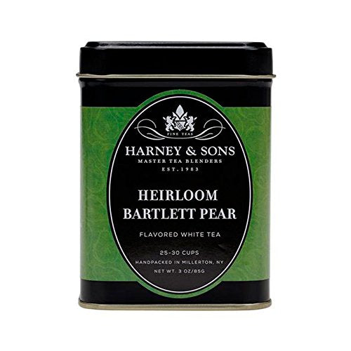 Harney & Sons Heirloom Bartlett Pear tea tin; a light brew option.