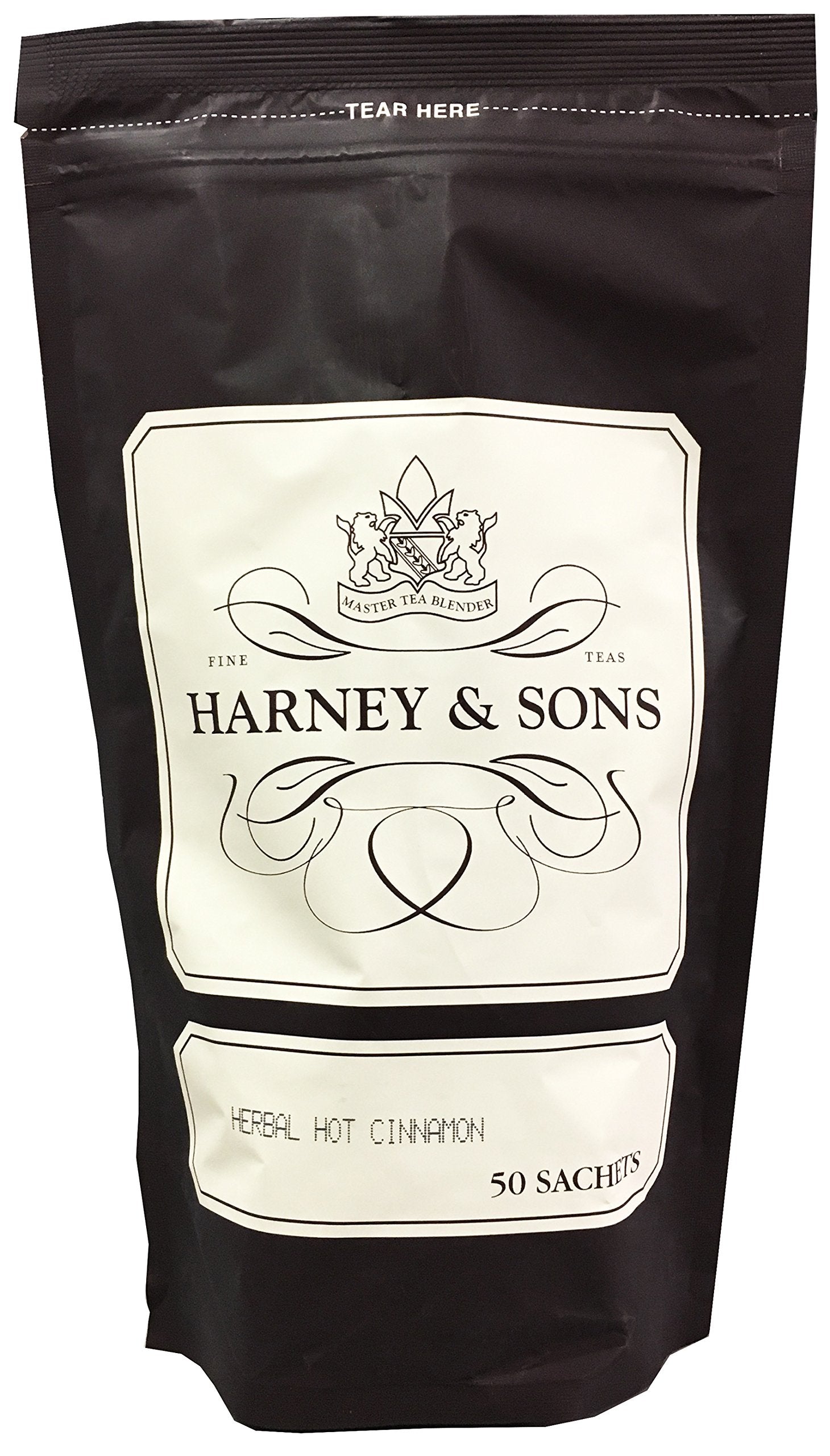 Harney & Sons Herbal Hot Cinnamon pack shot highlighting caffeine-free rooibos blend.