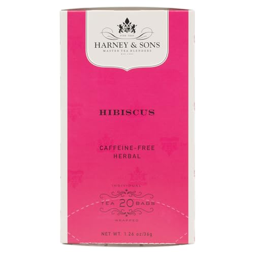 Harney & Sons Hibiscus Tea teabags closeup—individually wrapped for travel and sharing.