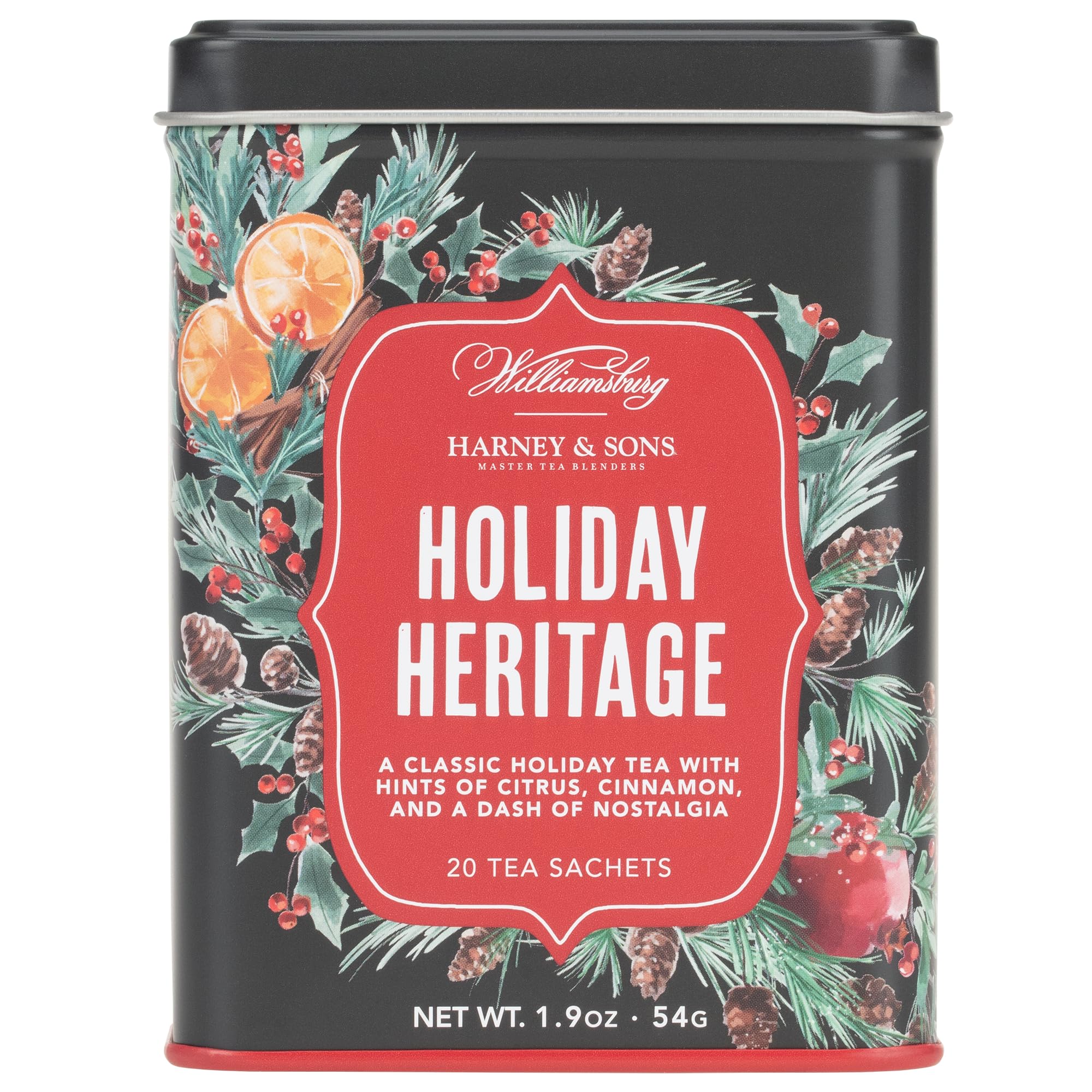 Harney & Sons Holiday Heritage tin with 20 sachets for festive tea moments.