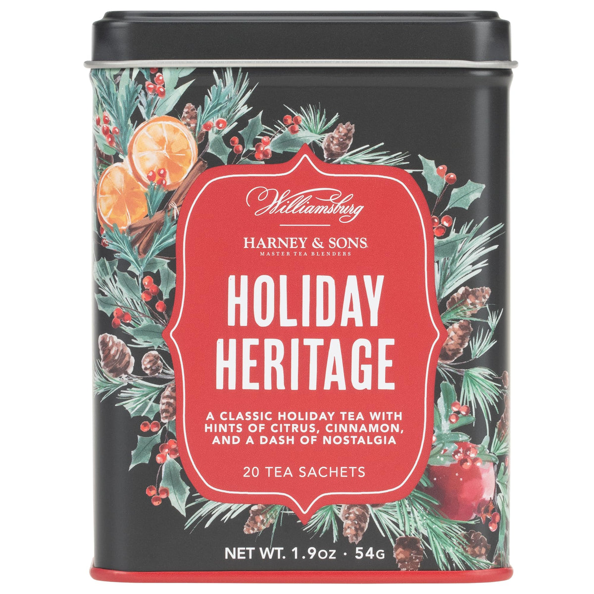 Harney & Sons Holiday Heritage tin with 20 sachets for festive tea moments.