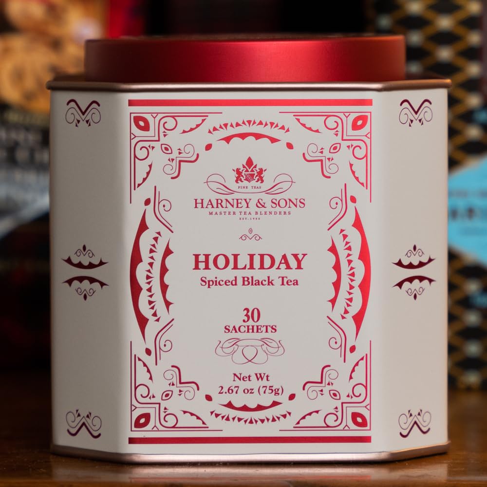 Harney and Sons Holiday Tea ingredients closeup emphasizes citrus, almond, and spice notes.