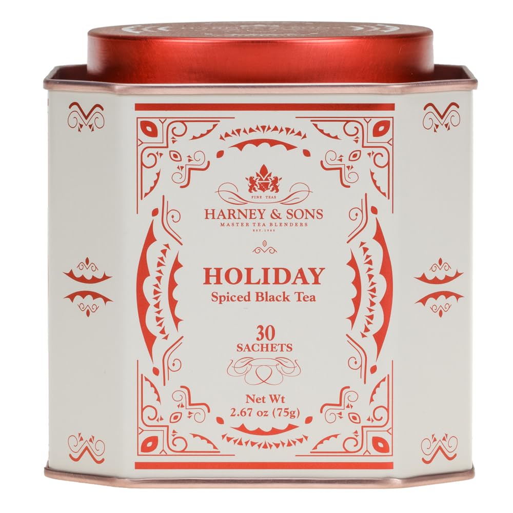 Harney and Sons Holiday Tea tin front shows festive packaging and ready-to-gift appeal.