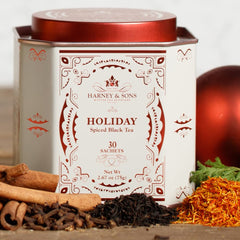 Harney and Sons Holiday Tea sachet pack highlights convenient brewing for cozy moments.