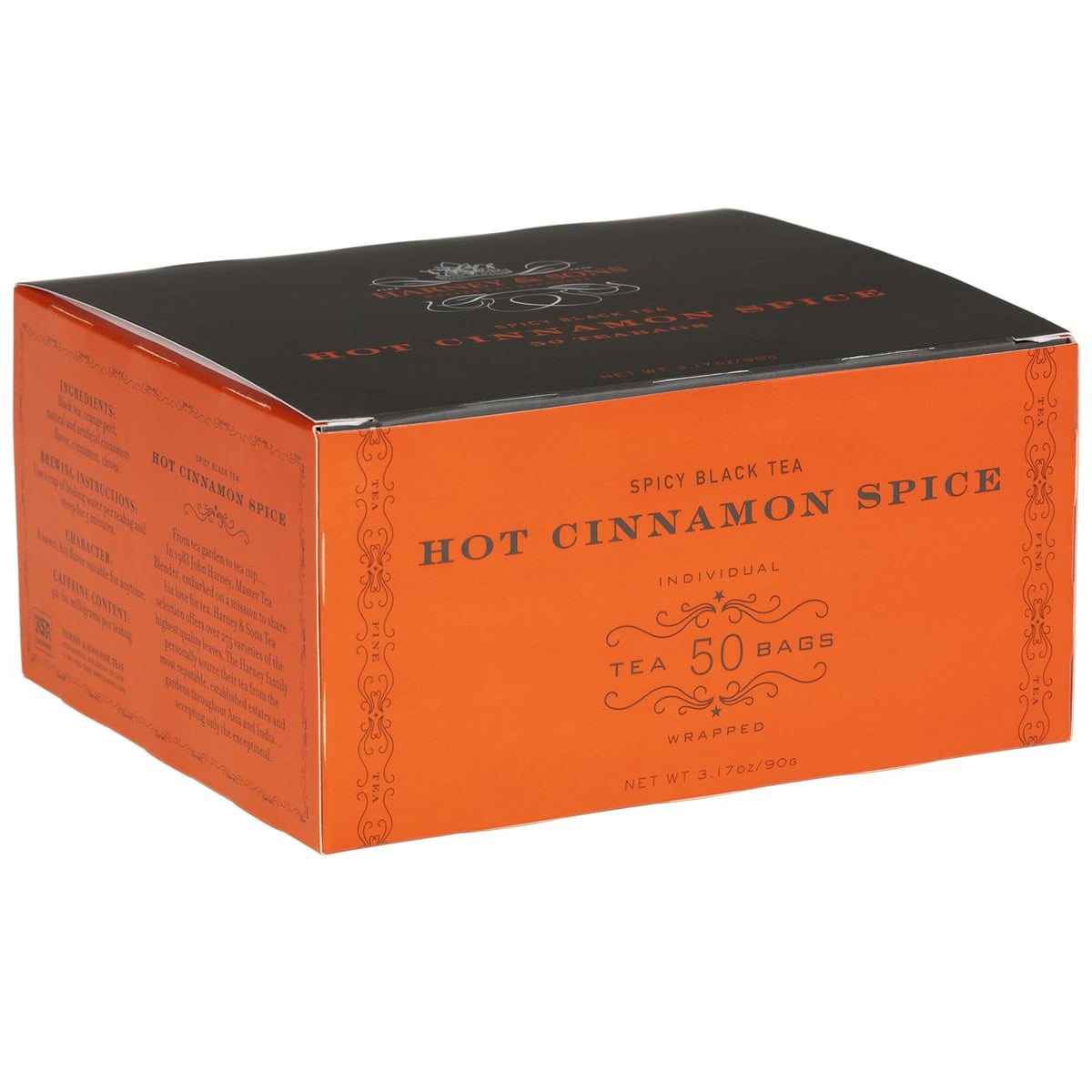 Harney & Sons Hot Cinnamon Spice tea bag close-up showing bold spice notes