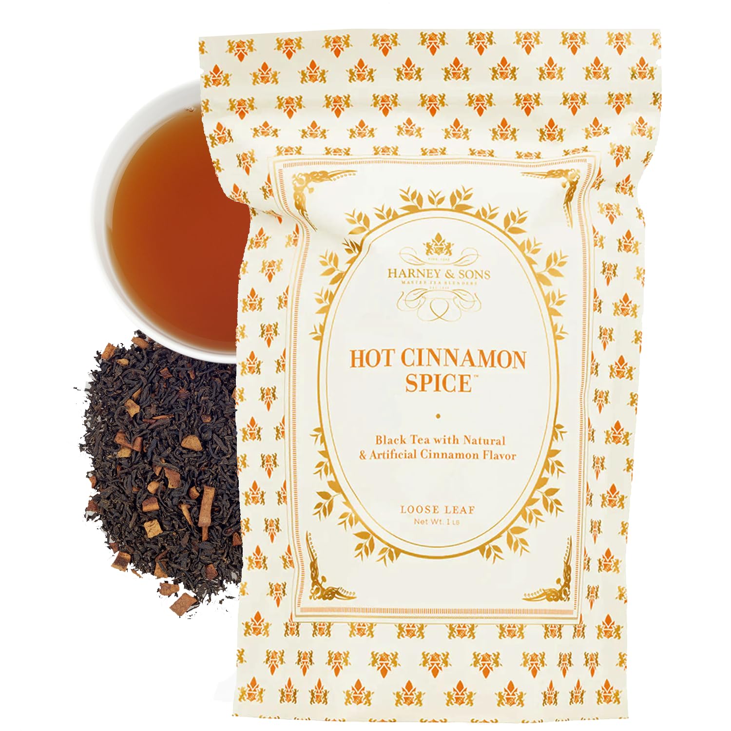 Harney & Sons Hot Cinnamon Spice packaging suggesting premium, aromatic tea for cozy mornings.