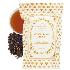 Harney & Sons Hot Cinnamon Spice packaging suggesting premium, aromatic tea for cozy mornings.