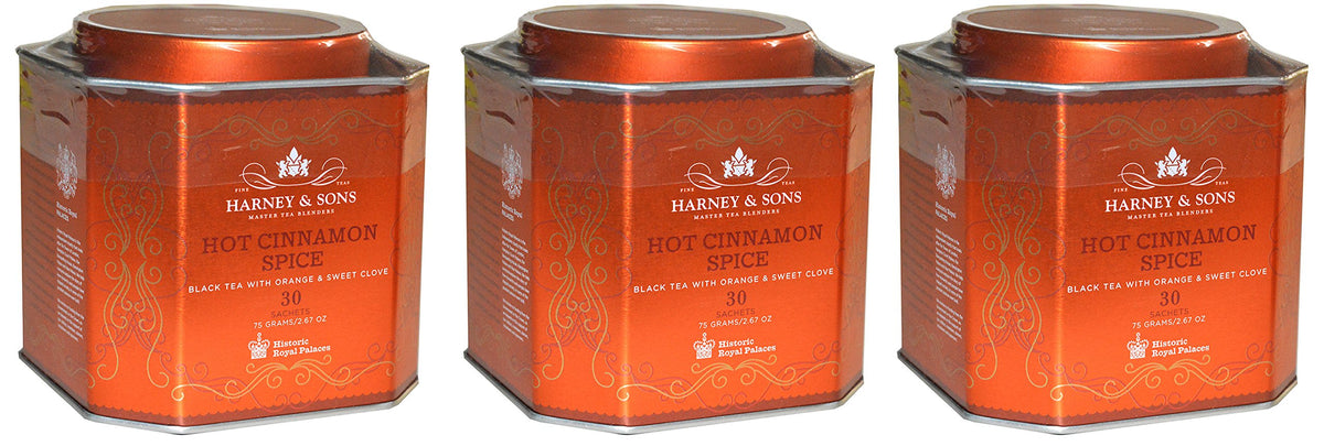 Harney and Sons Hot Cinnamon Spice tea sachets ready to brew for cozy evenings.