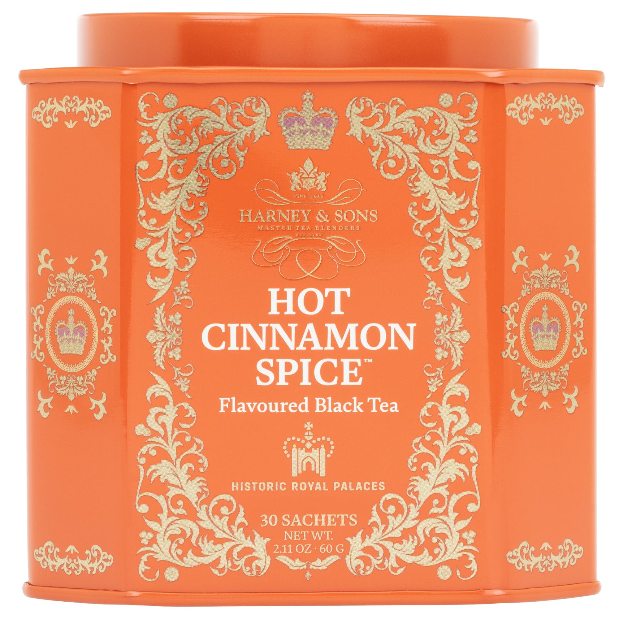 Harney & Sons Hot Cinnamon Spice tea tin with bold cinnamon aroma.