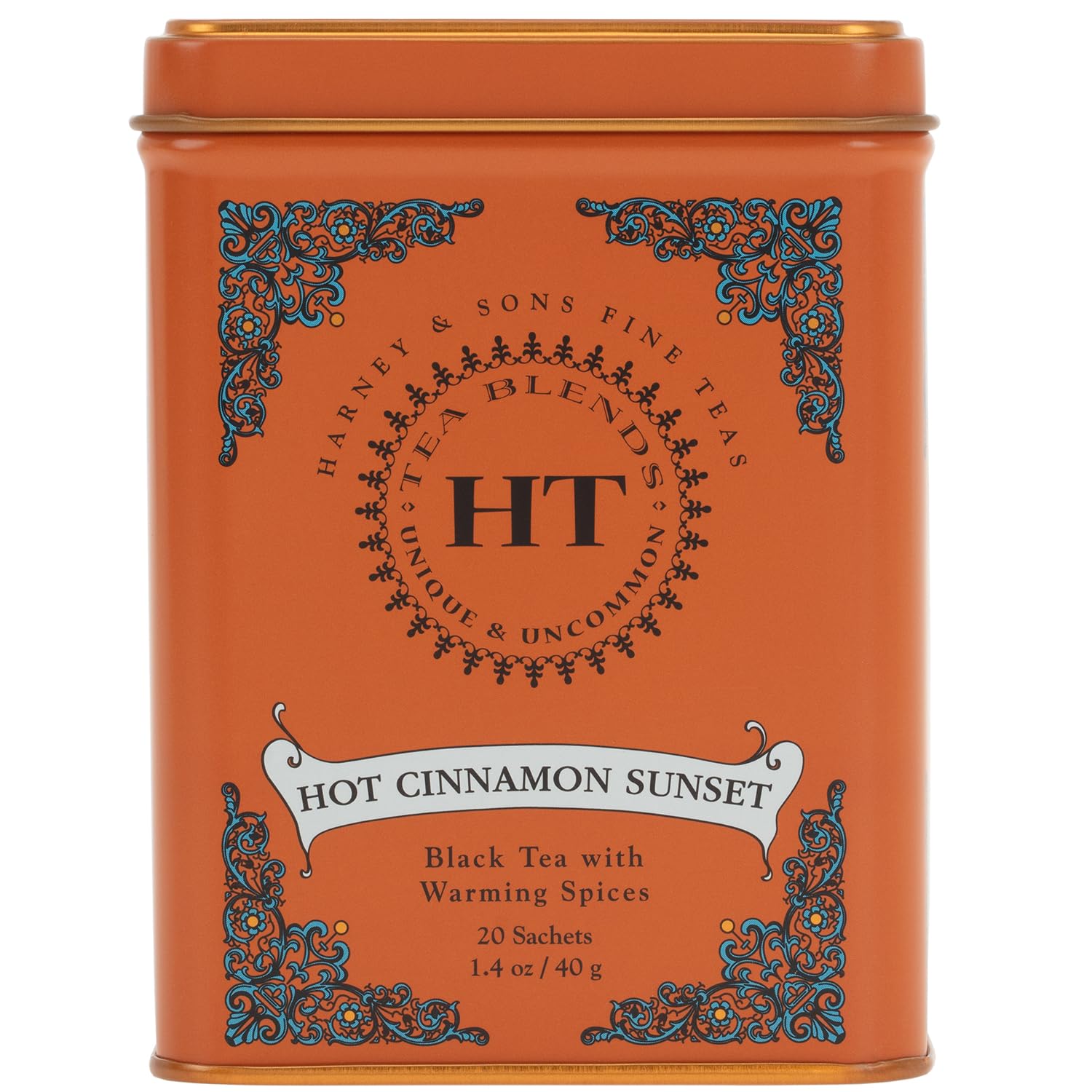 Harney & Sons Hot Cinnamon Sunset tea tin with 20 sachets and bold spice aroma