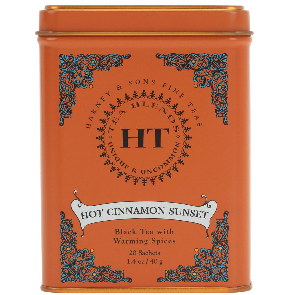 Harney & Sons Hot Cinnamon Sunset tea tin with 20 sachets and bold spice aroma