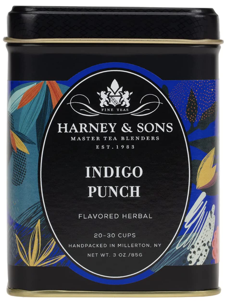 Harney and Sons Indigo Punch loose tea with butterfly pea flower for a vibrant, fruity brew.