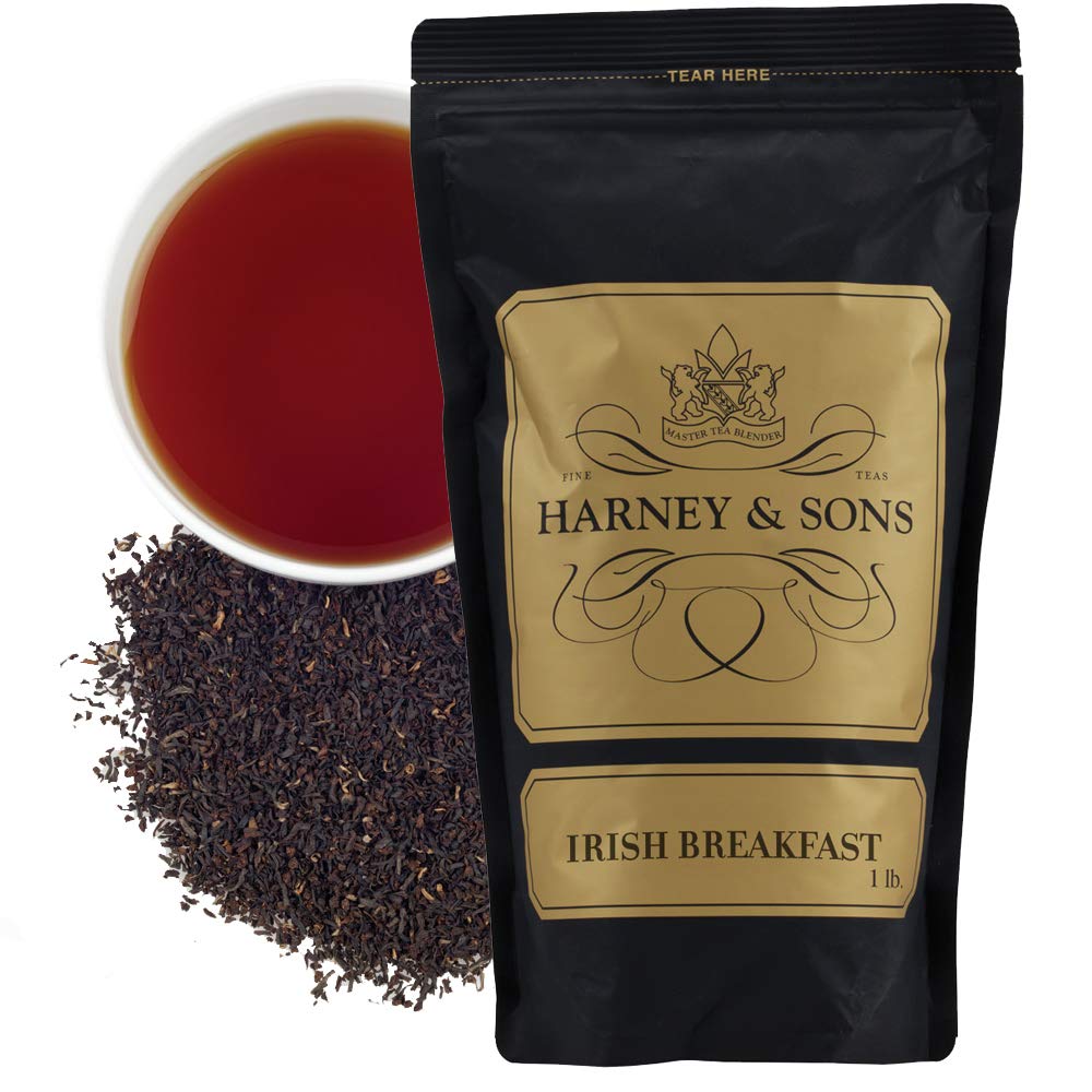 Harney & Sons Irish Breakfast Tea bag setup for a bold morning.