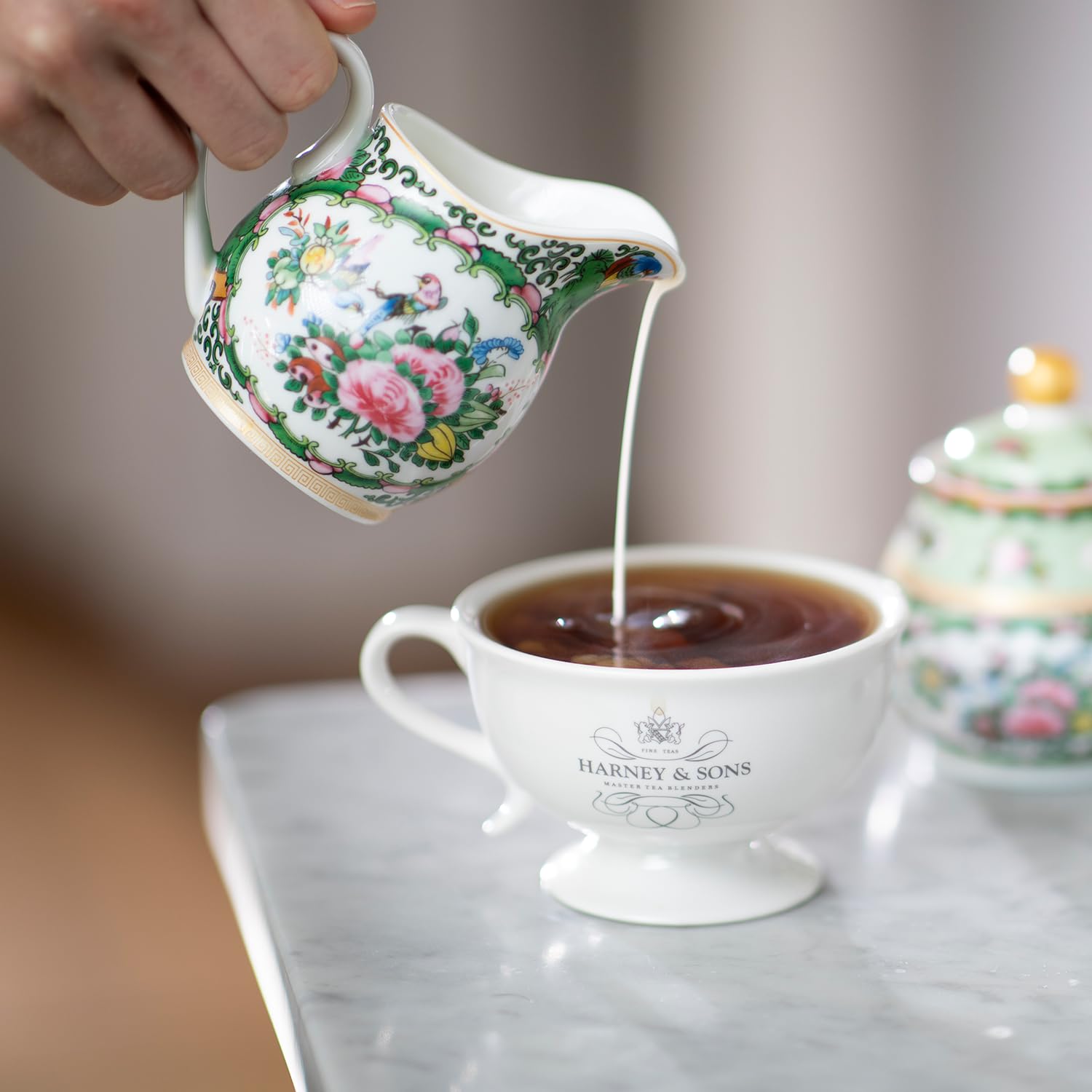 Harney & Sons Irish Breakfast Tea brewing image captures rich color and inviting aroma when steeping.