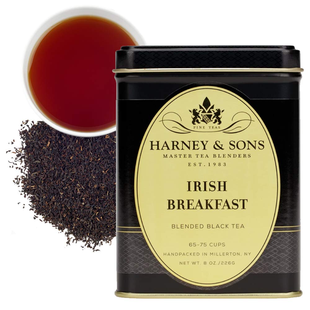 Harney & Sons Irish Breakfast Tea loose tea in front of tin, bold morning flavor potential