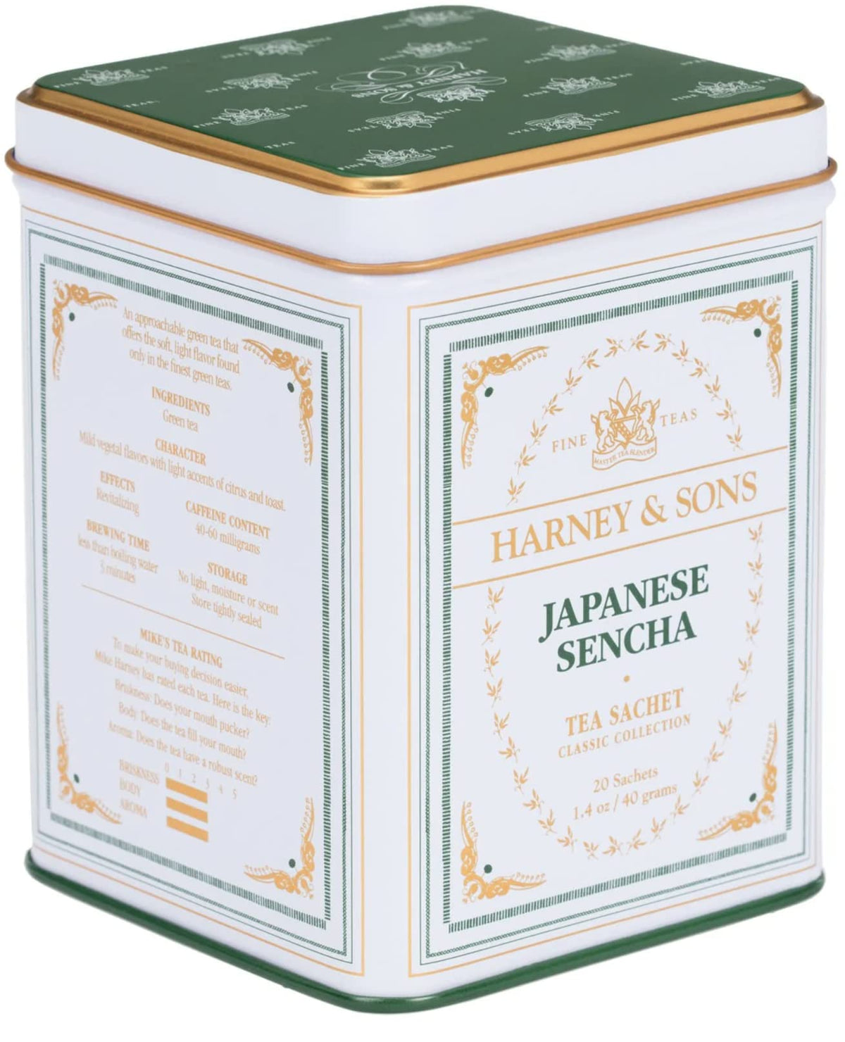 Harney & Sons Japanese Sencha green tea sachets in a tin for everyday refreshing cups.