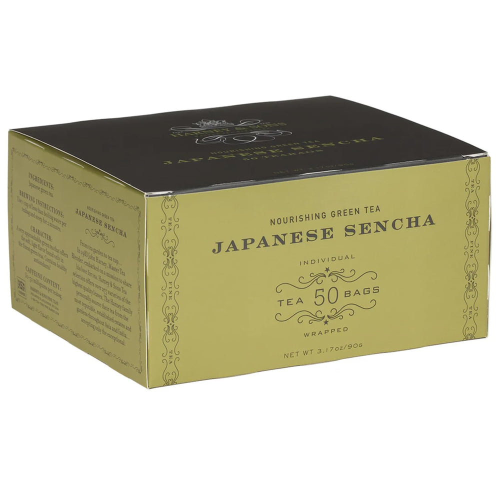 Harney & Sons Japanese Sencha tea bags in a box for easy daily preparation.