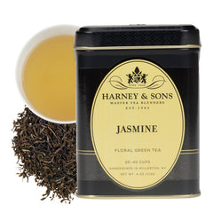 Harney & Sons Jasmine loose tea tin front view, ready for daily rituals.
